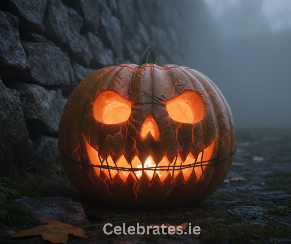 A skull-inspired pumpkin carving with hollow eyes and a stitched mouth, candlelight shining through thinly cut details.