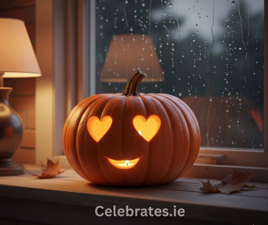 A cute pumpkin with heart-shaped eyes and a smiling mouth, glowing softly on a windowsill during Halloween night