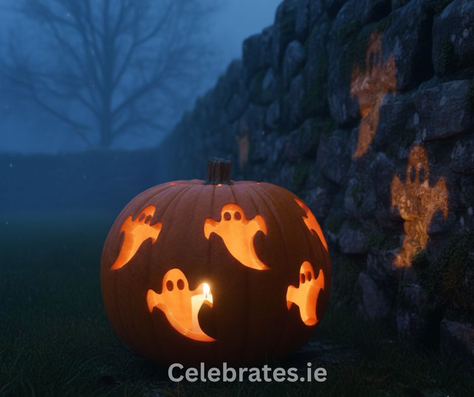 A carved pumpkin featuring small ghost shapes that glow through the surface, placed in a misty garden setting.