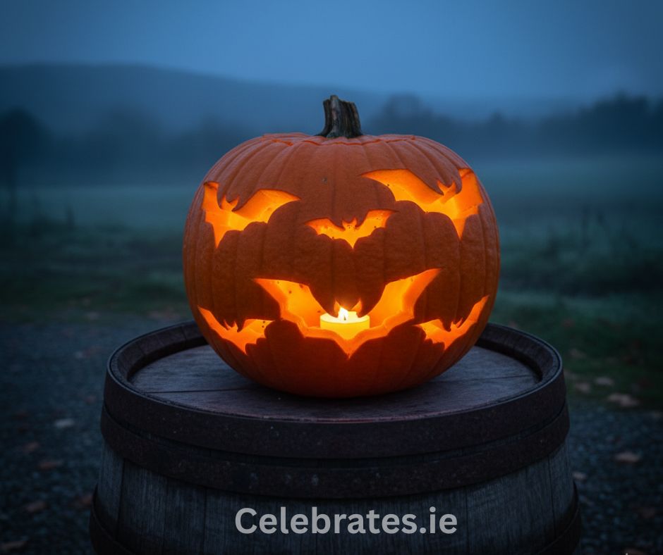 A pumpkin carved with flying bat silhouettes, glowing from inside on a wooden barrel surrounded by autumn leaves.