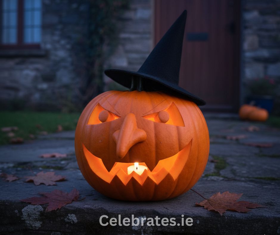 A pumpkin with a witch face carving, complete with a crooked smile and pointed nose, wearing a small black hat.