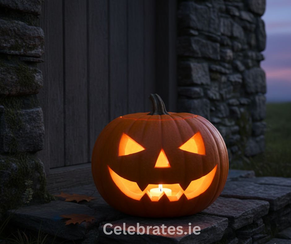 A traditional carved pumpkin with triangle eyes and a toothy grin glowing warmly on a doorstep surrounded by autumn leaves. Halloween 2025