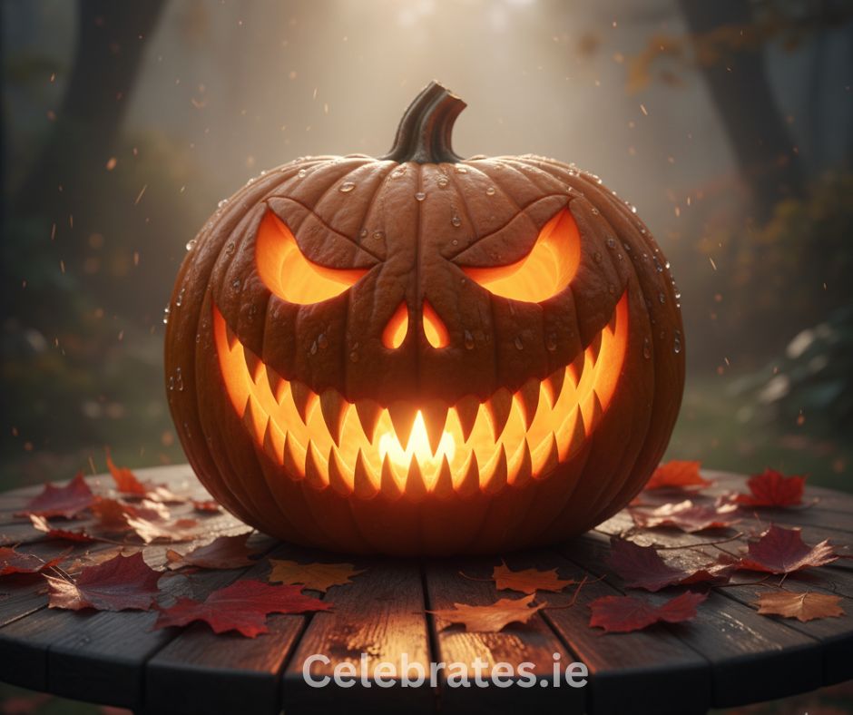 A large pumpkin carved with sharp teeth and slanted eyes, glowing fiercely in an Irish garden at dusk.Halloween 2025