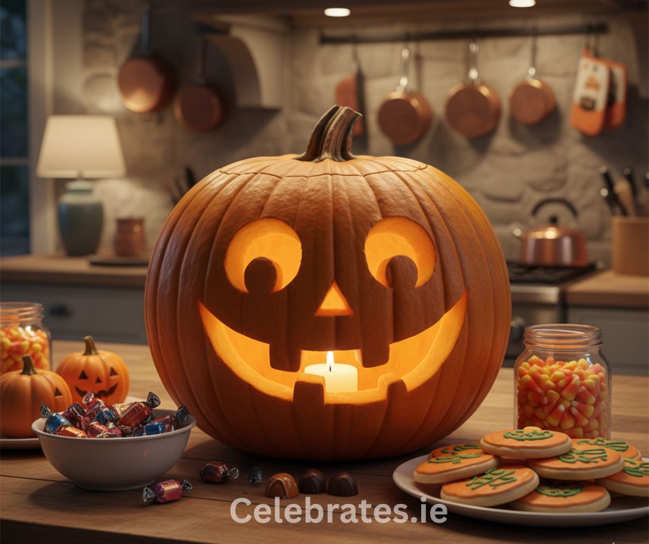 A cheerful pumpkin with big round eyes and a goofy smile, lit from inside, sitting on a kitchen counter.
