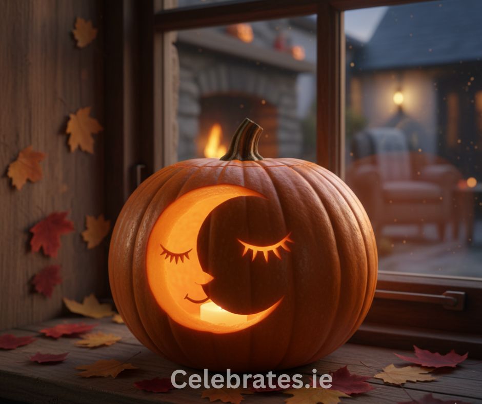 A pumpkin carved with a crescent moon face and closed eyes, softly glowing on a windowsill with fall leaves nearby.