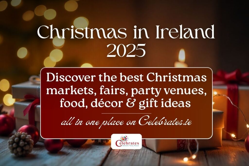Background of a Christmas tree and gift with the text on top saying Christmas in Ireland